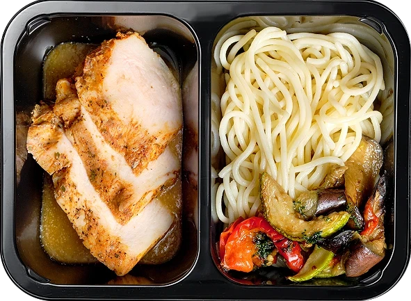 Блюдо: Спагетти с овощами-гриль, Курица каджун су-вид ...