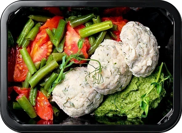 Блюдо: Фасоль стручковая с помидорами, Тефтели рыбные ...