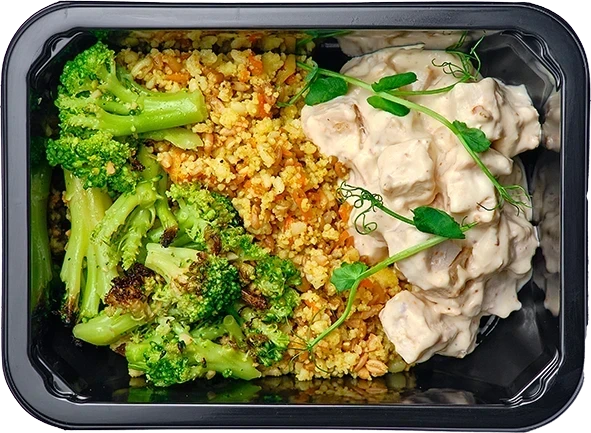 Блюдо: Буженина из курицы с горчичным соусом, Крупяной микс с брокколи 