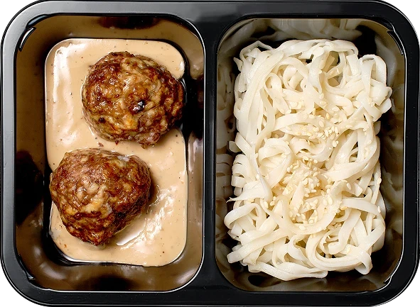Блюдо: Биточки мясные с перечным соусом, Лапша удон с кунжутом